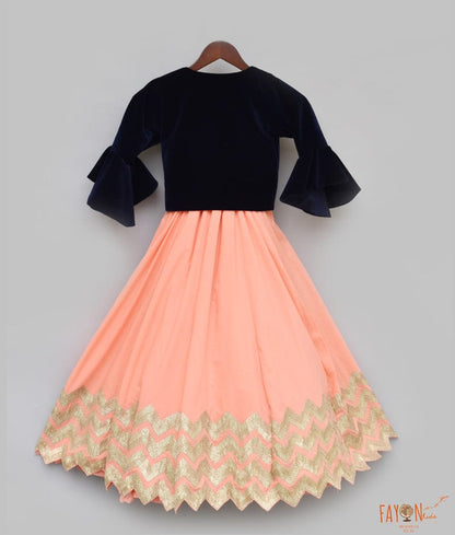 Peach Gota Dark Blue Velvet Jacket Anarkali for Girls