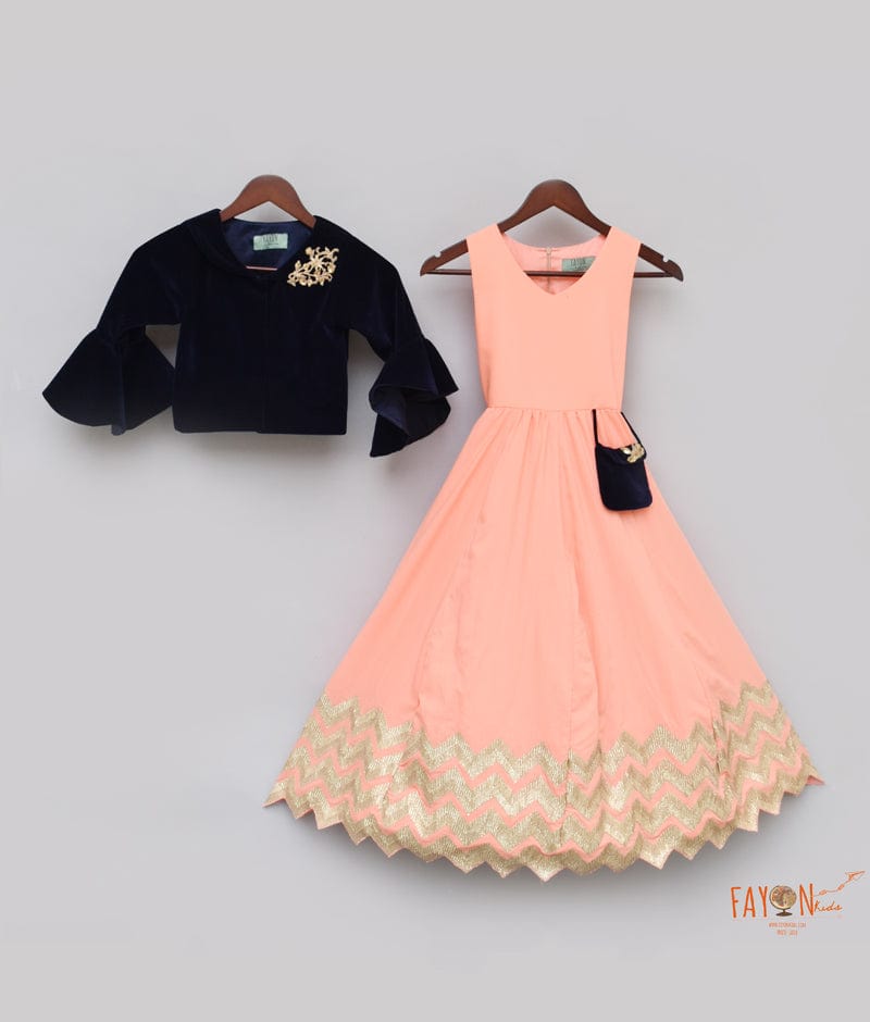 Fayon Kids Peach Gota Dark Blue Velvet Jacket Anarkali for Girls