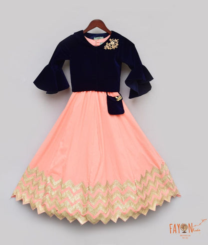 Fayon Kids Peach Gota Dark Blue Velvet Jacket Anarkali for Girls