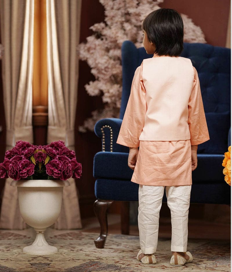 Fayon Kids Peach Gotta Embroidery Nehru Jacket set for Boys
