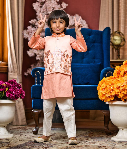 Fayon Kids Peach Gotta Embroidery Nehru Jacket set for Boys