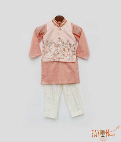 Fayon Kids Peach Gotta Embroidery Nehru Jacket set for Boys