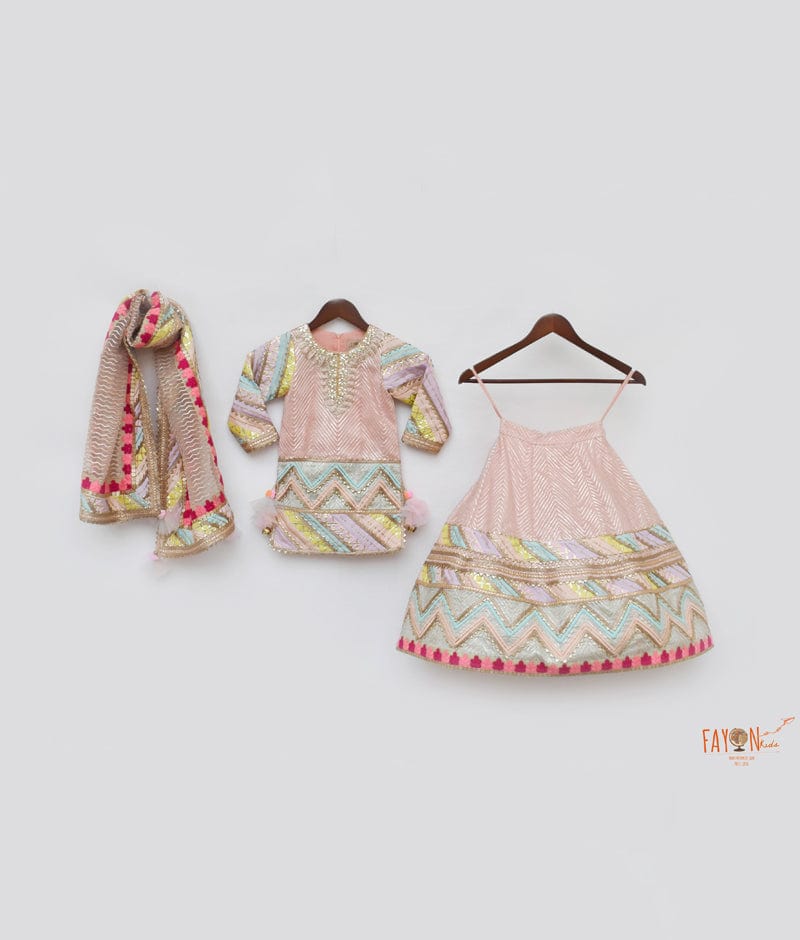 Peach Gotta Net Lehenga with Kurti Dupatta for Girls