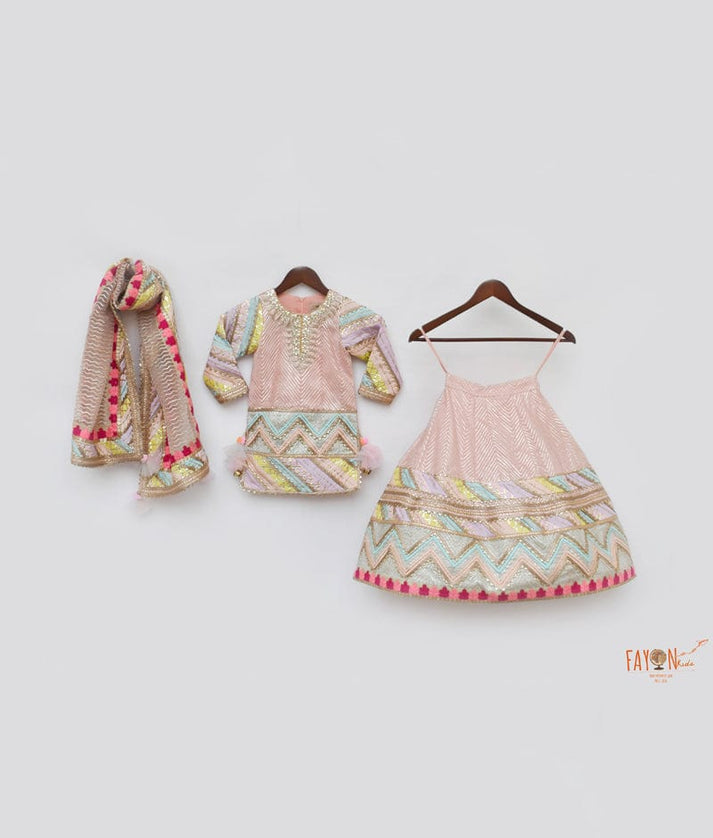 Peach Gotta Net Lehenga with Kurti Dupatta for Girls
