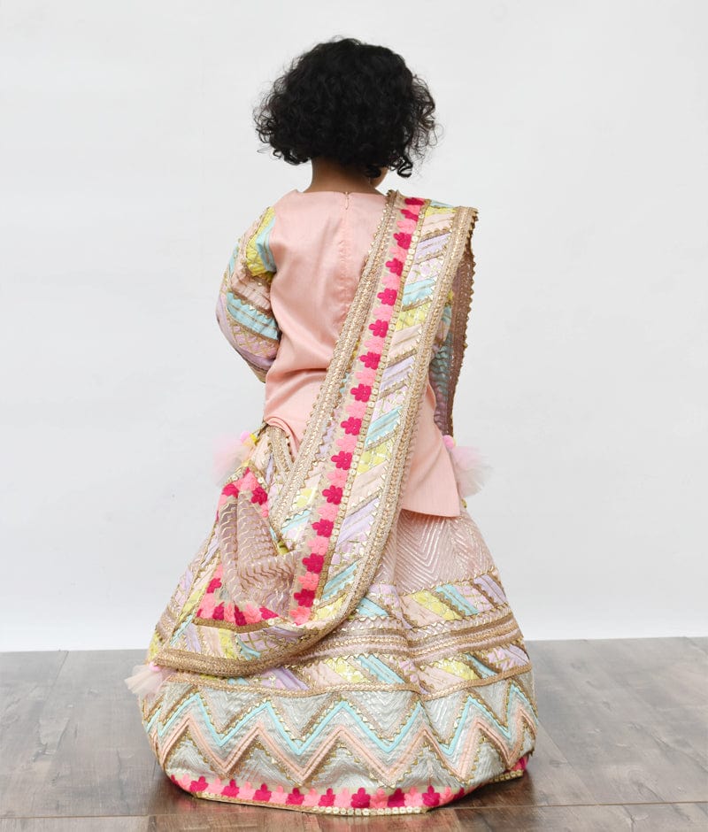 Peach Gotta Net Lehenga with Kurti Dupatta for Girls