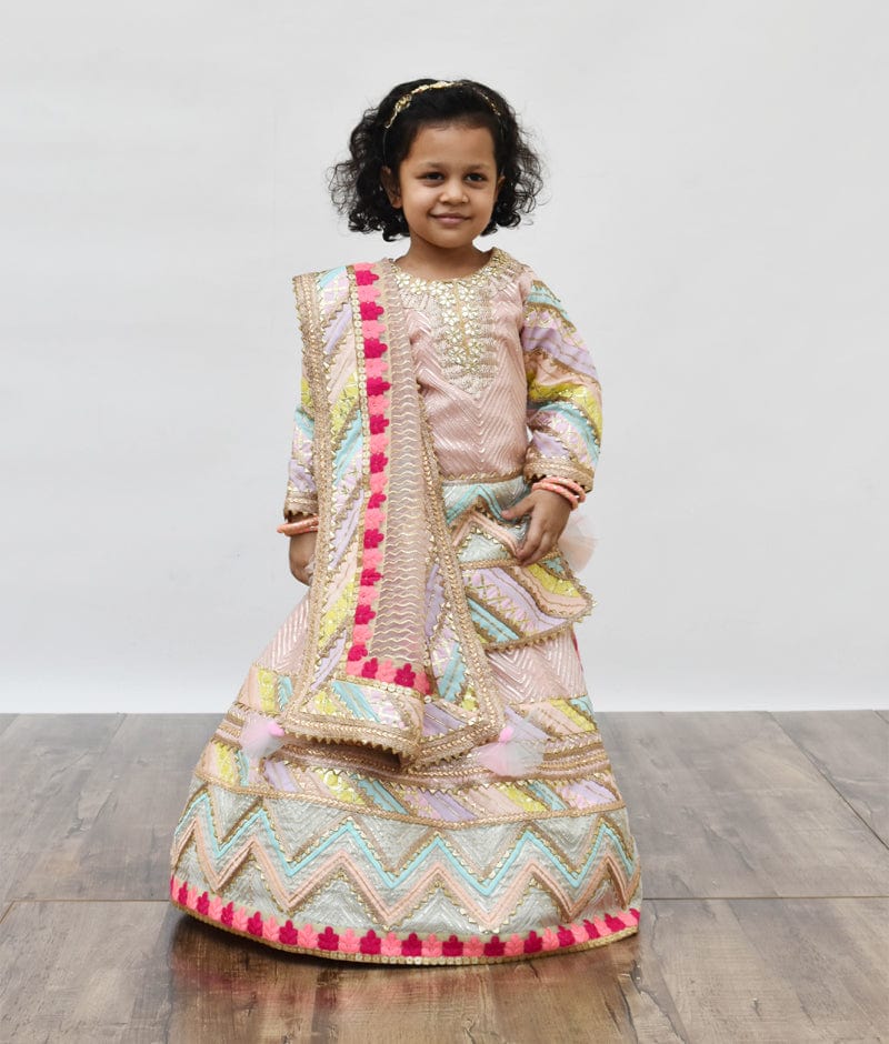Peach Gotta Net Lehenga with Kurti Dupatta for Girls