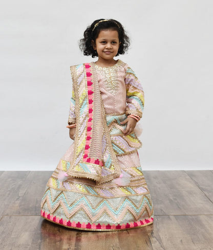 Fayon Kids Peach Gotta Net Lehenga with Kurti Dupatta for Girls