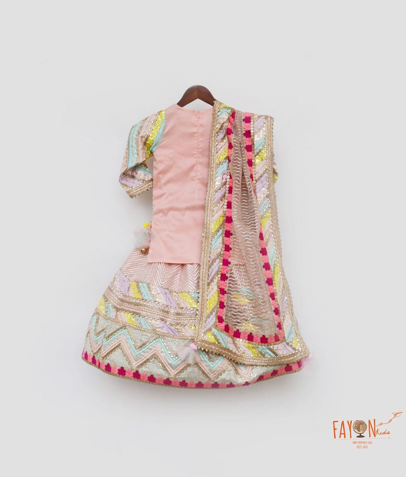 Peach Gotta Net Lehenga with Kurti Dupatta for Girls