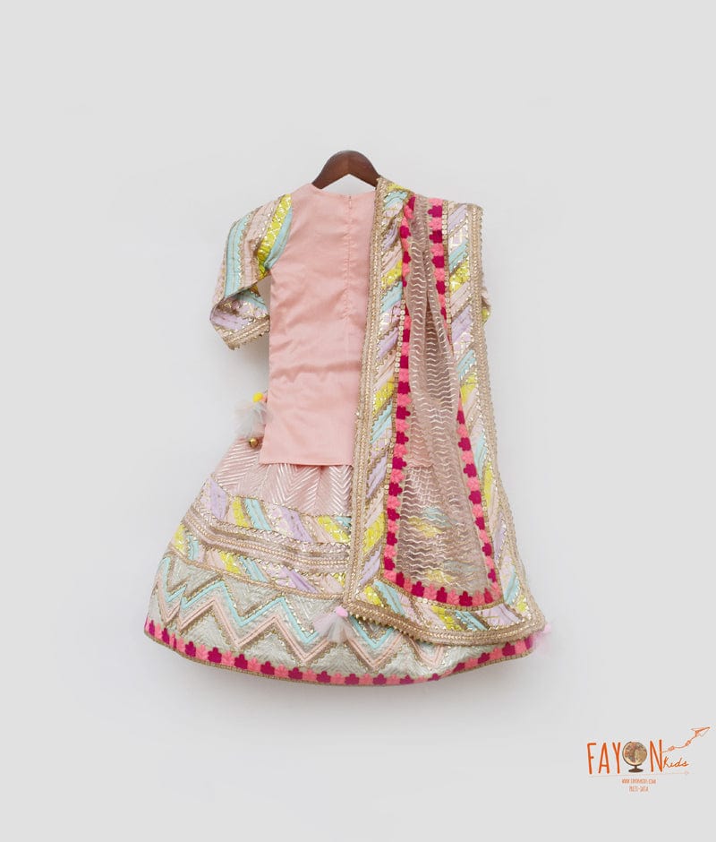 Fayon Kids Peach Gotta Net Lehenga with Kurti Dupatta for Girls