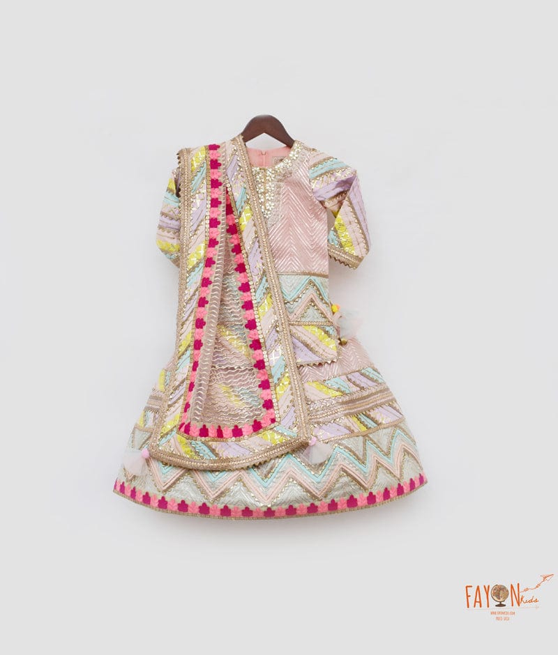 Fayon Kids Peach Gotta Net Lehenga with Kurti Dupatta for Girls