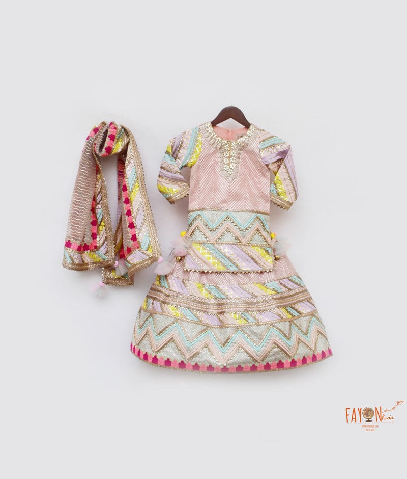 Peach Gotta Net Lehenga with Kurti Dupatta for Girls
