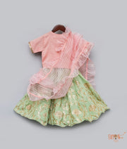 Peach Green Gota Embroidery Lehenga with Choli Organza Dupatta for Girls