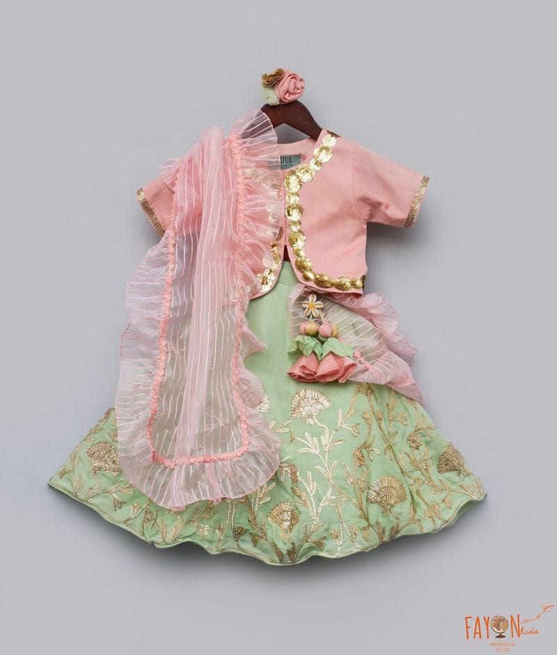 Peach Green Gota Embroidery Lehenga with Choli Organza Dupatta for Girls