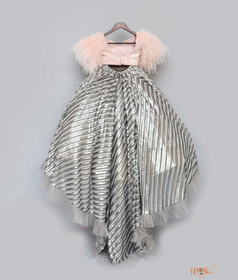 Peach Grey Sequins High Low Lehenga with Feathers for Girls