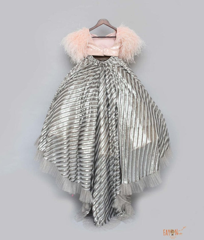 Peach Grey Sequins High Low Lehenga with Feathers for Girls