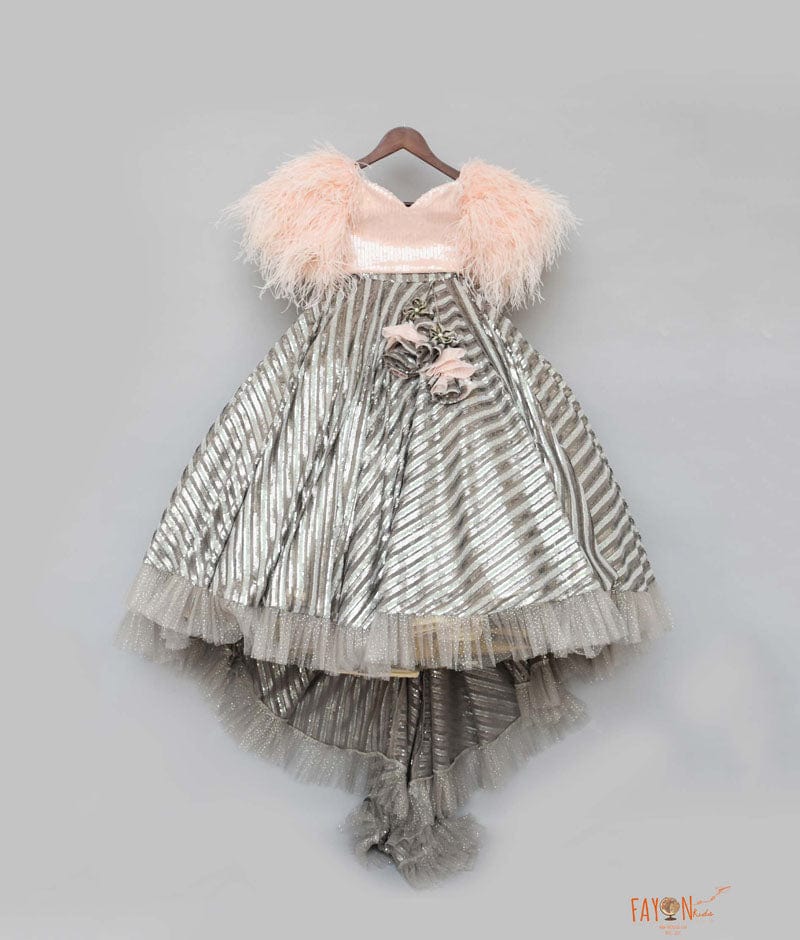 Fayon Kids Peach Grey Sequins High Low Lehenga with Feathers for Girls