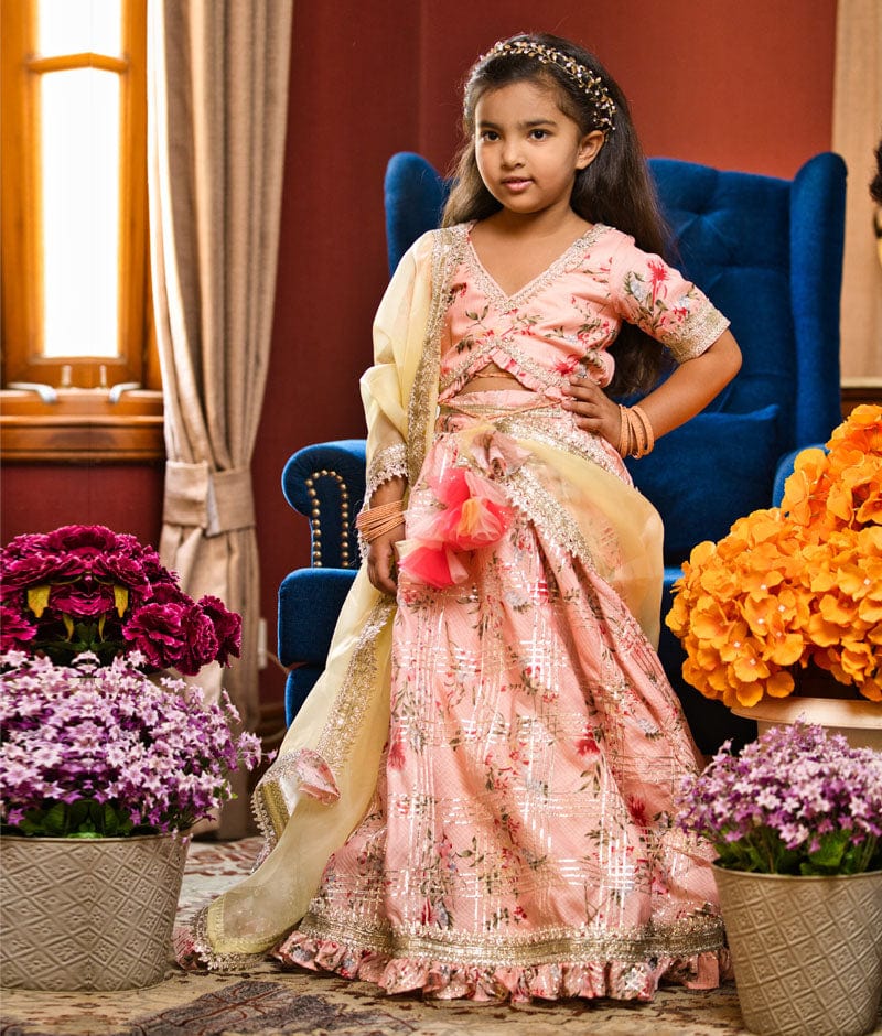 Peach Kotta Printed Lehenga Choli and Dupatta for Girls