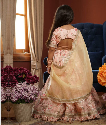 Fayon Kids Peach Kotta Printed Lehenga Choli and Dupatta for Girls