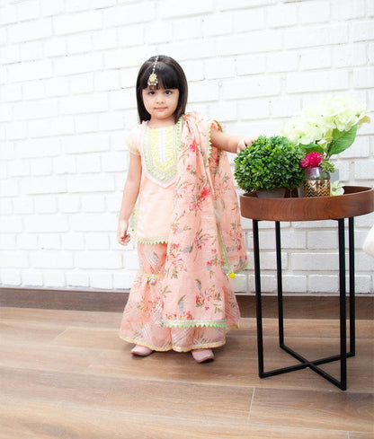 Fayon Kids Peach Kurti with Kotta Print Sharara and Printed Kotta Dupatta for Girls