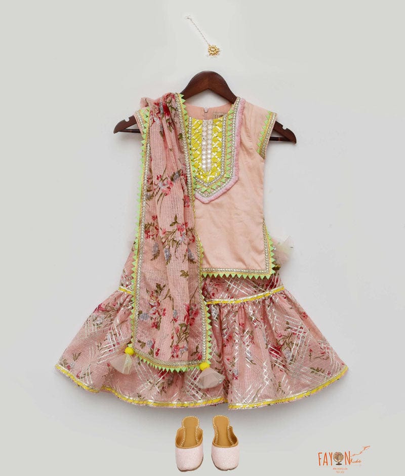 Fayon Kids Peach Kurti with Kotta Print Sharara and Printed Kotta Dupatta for Girls