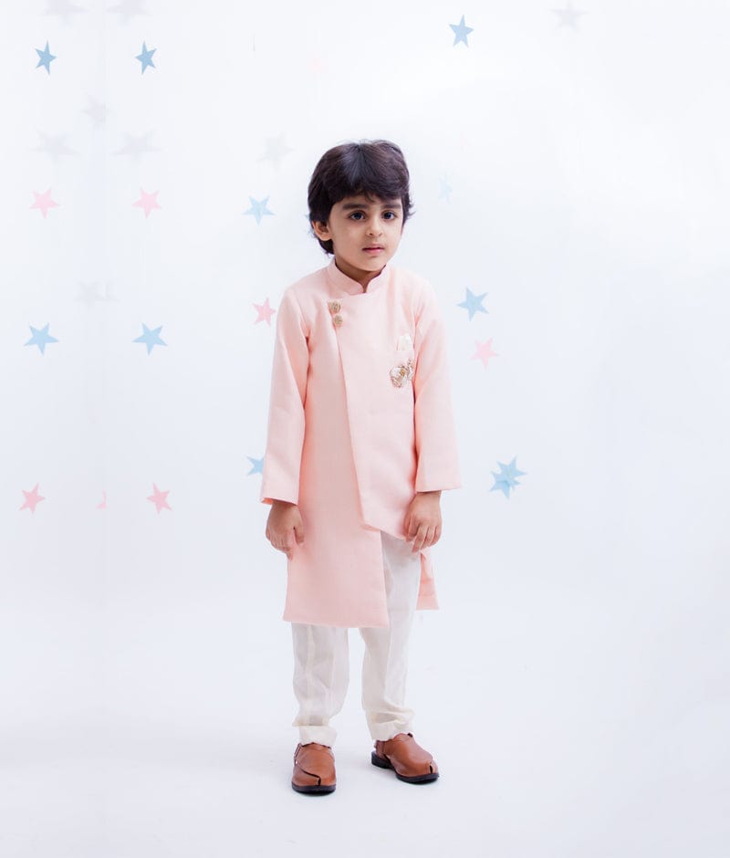 Fayon Kids Peach Linen Ajkan with Pant for Boys