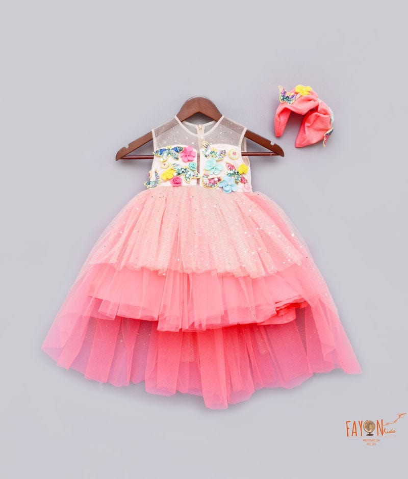 Fayon Kids Peach Neon Pink Frock with 3D Flowers and Butterflies for Girls