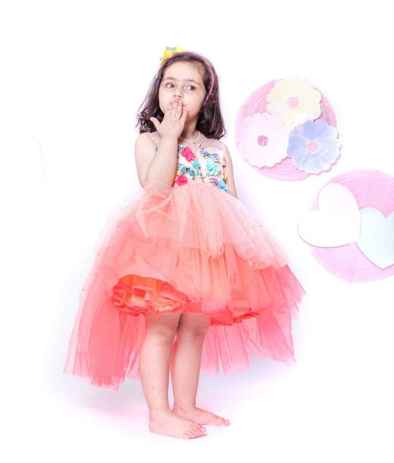 Fayon Kids Peach Neon Pink Frock with 3D Flowers and Butterflies for Girls