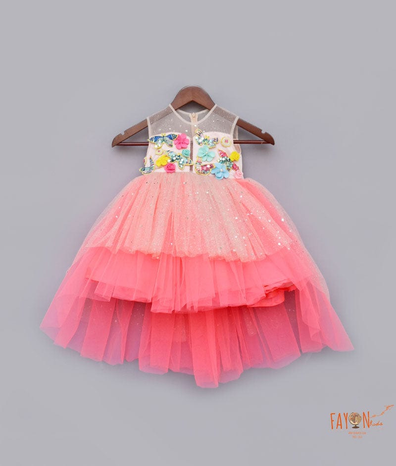 Fayon Kids Peach Neon Pink Frock with 3D Flowers and Butterflies for Girls