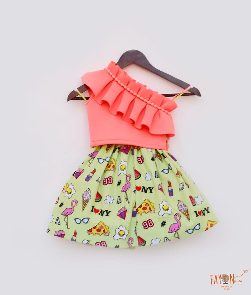 Fayon Kids Peach Neoprene Green Printed Crop Top with Skirt for Girls