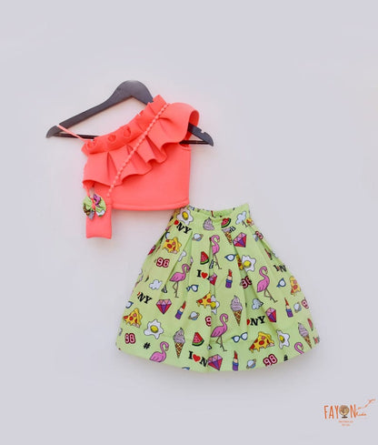Fayon Kids Peach Neoprene Green Printed Crop Top with Skirt for Girls