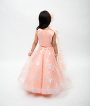 Peach Net Embroidery Lehenga with Choli Drape for Girls
