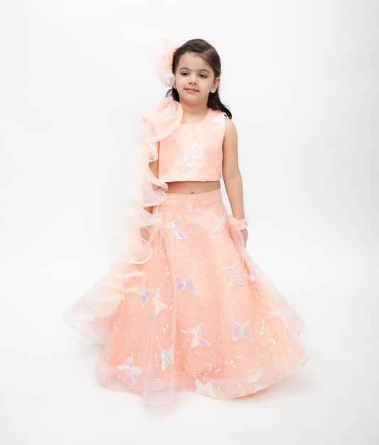 Peach Net Embroidery Lehenga with Choli Drape for Girls