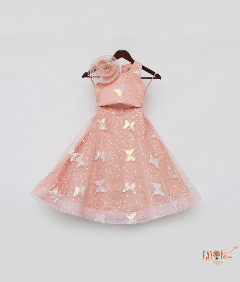 Peach Net Embroidery Lehenga with Choli Drape for Girls