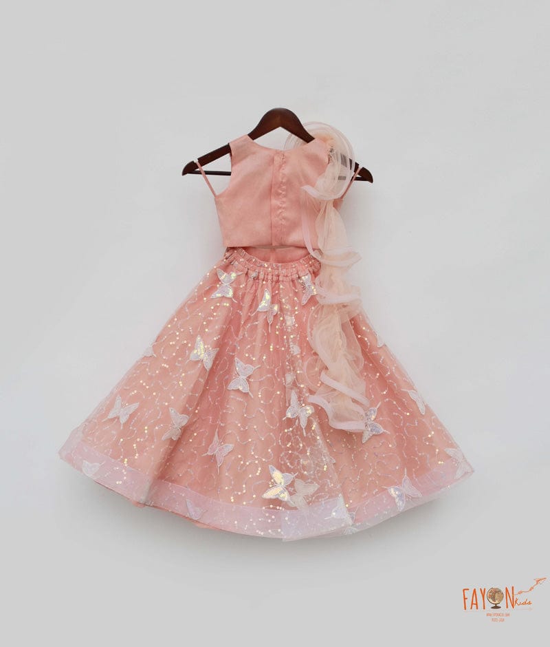 Peach Net Embroidery Lehenga with Choli Drape for Girls