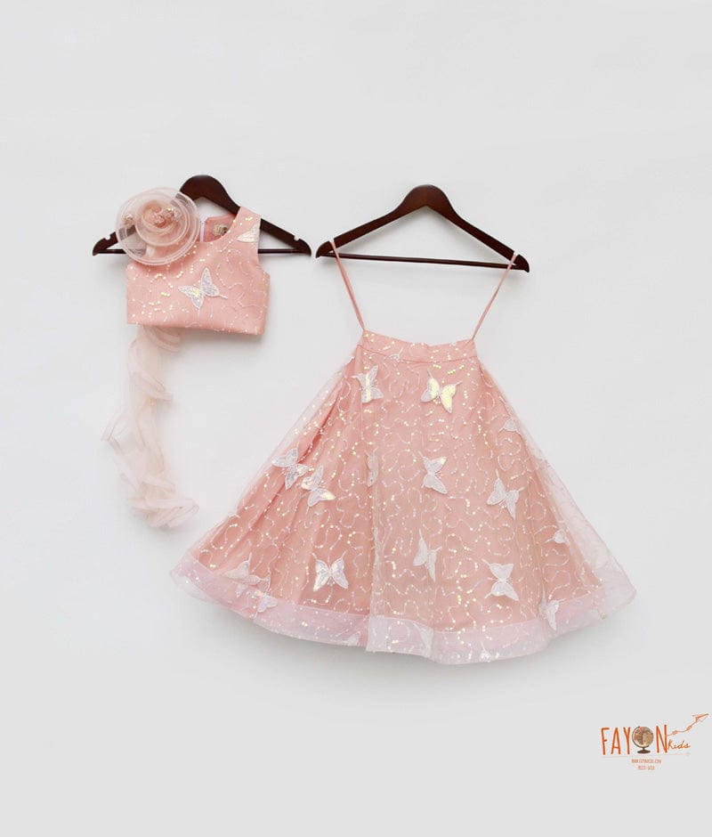 Peach Net Embroidery Lehenga with Choli Drape for Girls