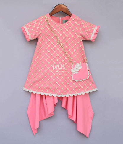 Peach Net Sequence Dhoti Set for Girls