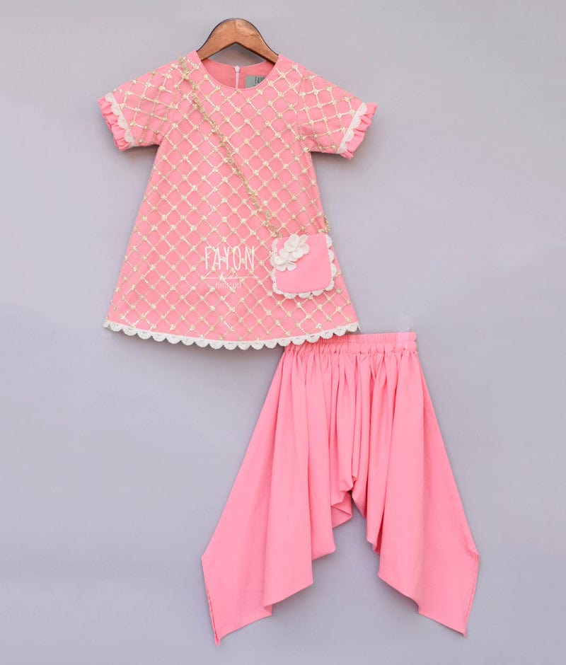 Peach Net Sequence Dhoti Set for Girls