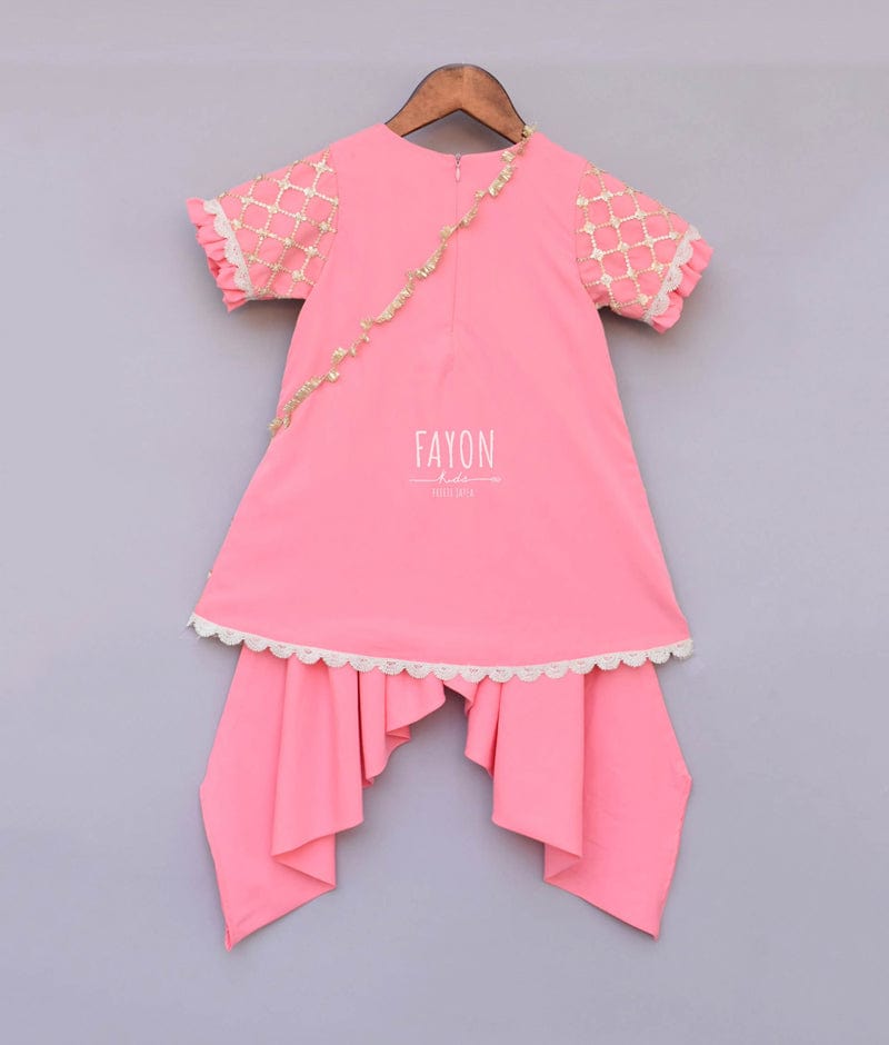 Peach Net Sequence Dhoti Set for Girls