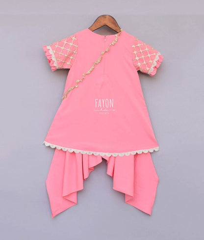 Peach Net Sequence Dhoti Set for Girls