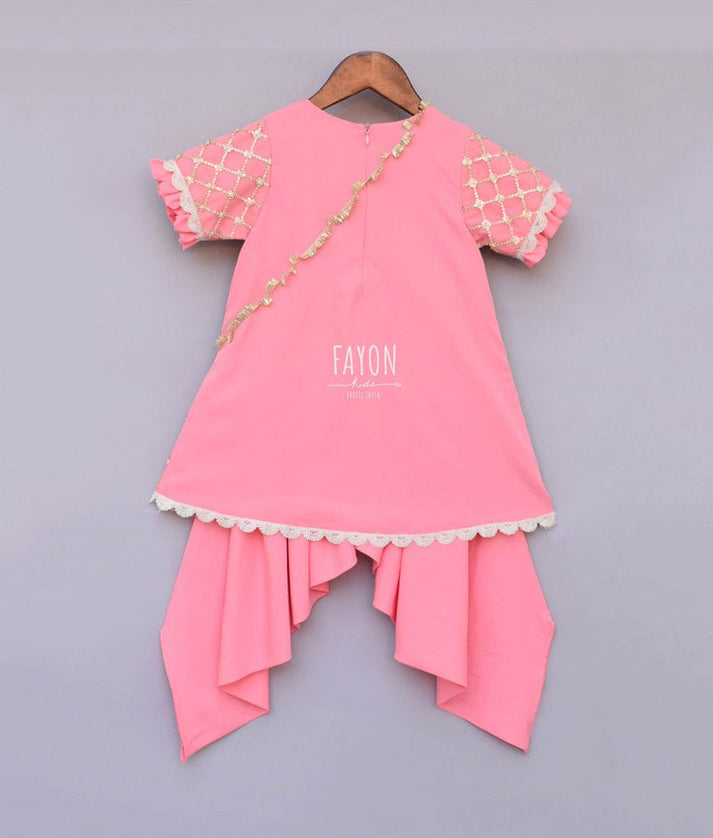 Peach Net Sequence Dhoti Set for Girls