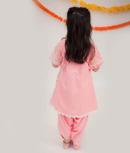 Fayon Kids Peach Net Sequence Dhoti Set for Girls