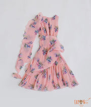 Peach Pleated Georgette Print Dress for Girls