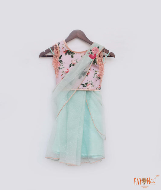 Fayon Kids Peach Printed Choli Glitter Organza Lehenga Saree