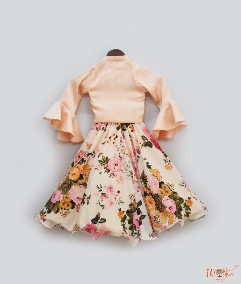 Peach Velvet Printed Lehenga with Choli Boti Net Dupatta for Girls