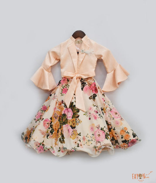 Peach Velvet Printed Lehenga with Choli Boti Net Dupatta for Girls