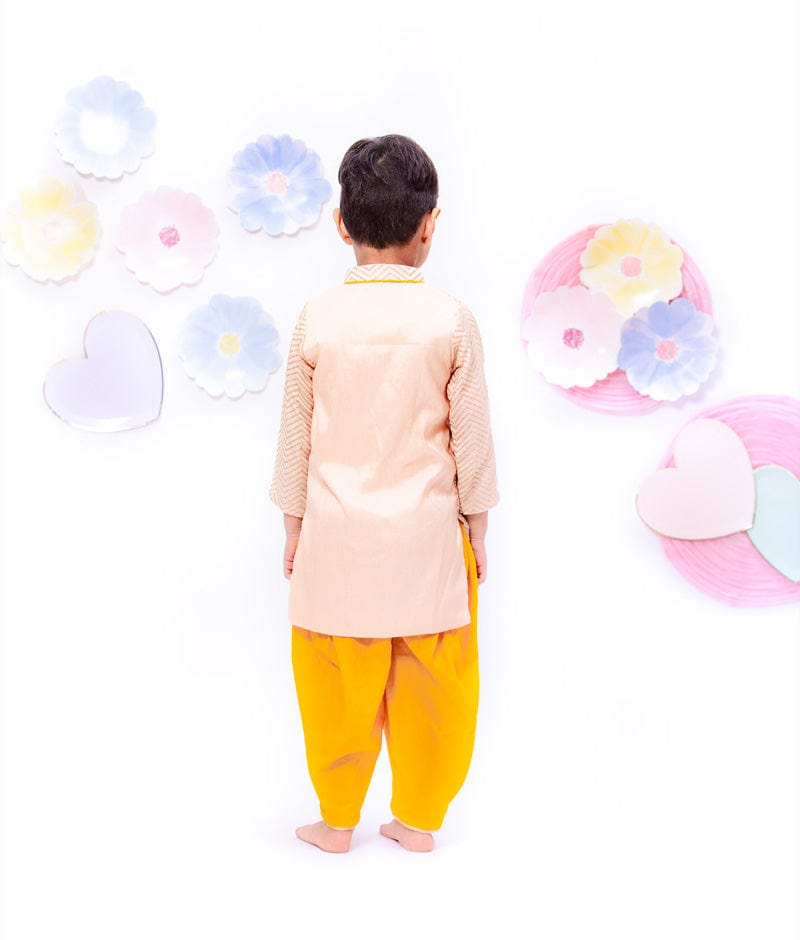 Fayon Kids Peach Sequence Silk Kurta with Tulip Dhoti for Boys