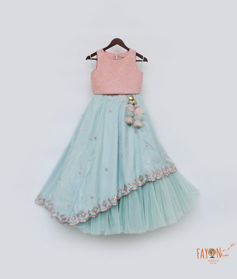 Fayon Kids Peach Sequins Blue Organza and Net Lehenga with Choli for Girls