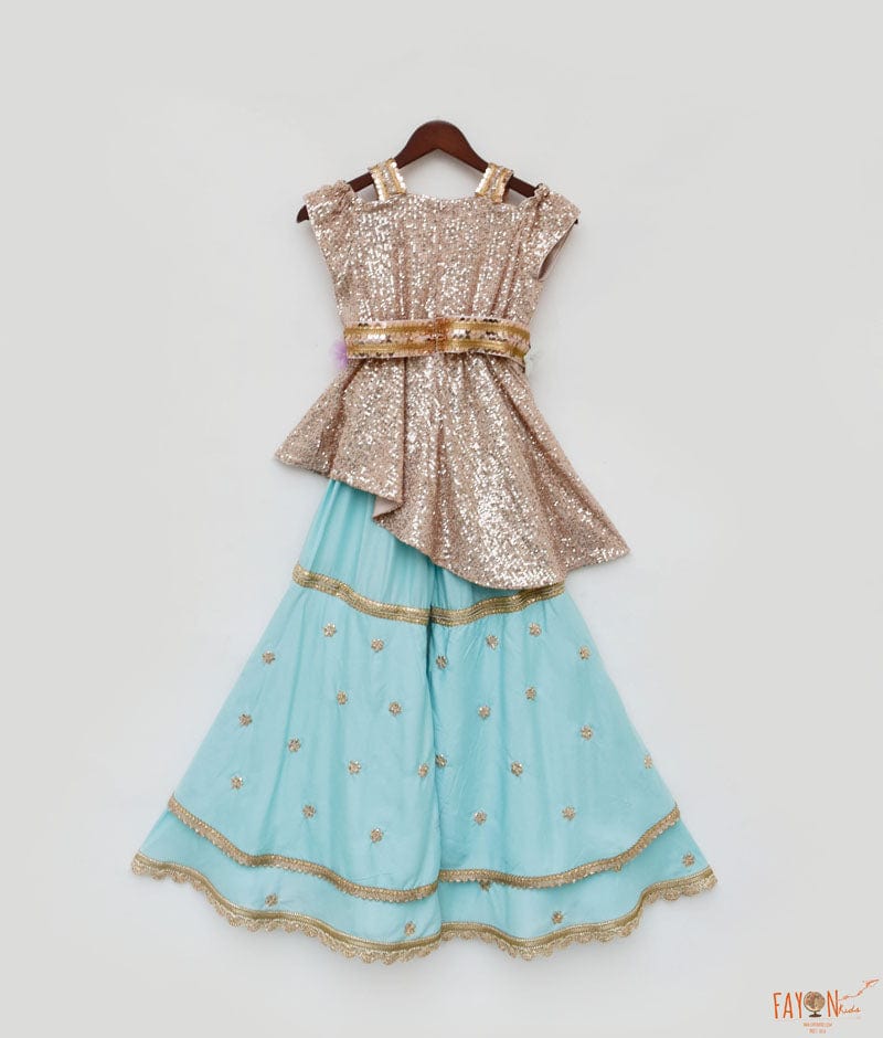 Peach Sequins Blue Sharara with Top for Girls