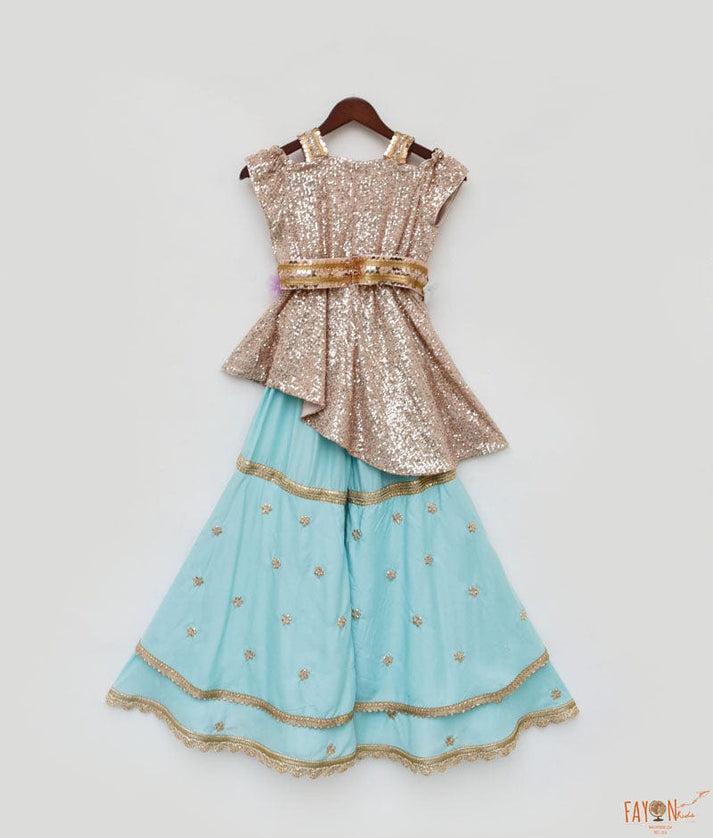 Peach Sequins Blue Sharara with Top for Girls