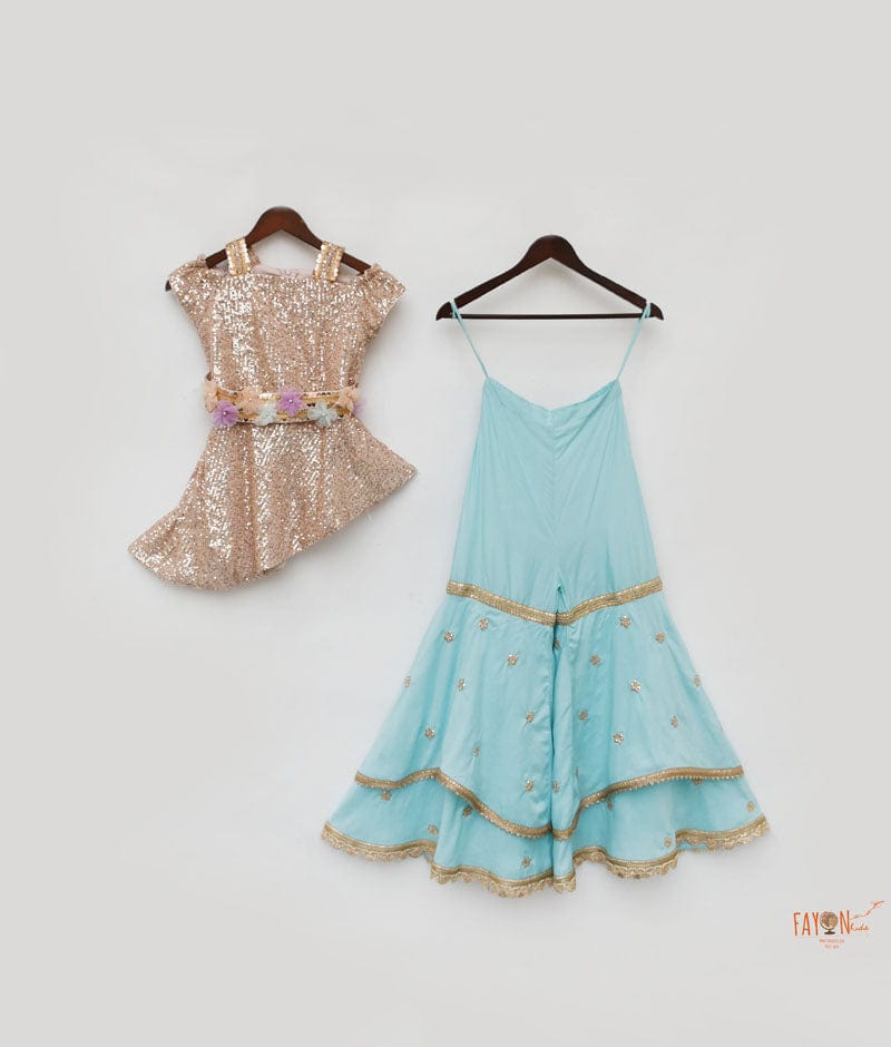 Peach Sequins Blue Sharara with Top for Girls